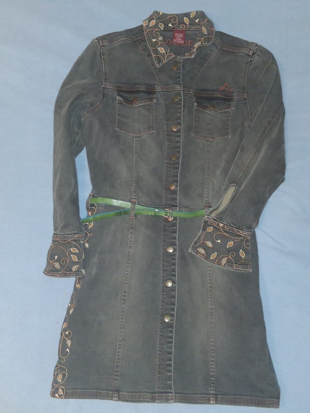 Jordache Charcoal Embroidered Longline Denim Trench